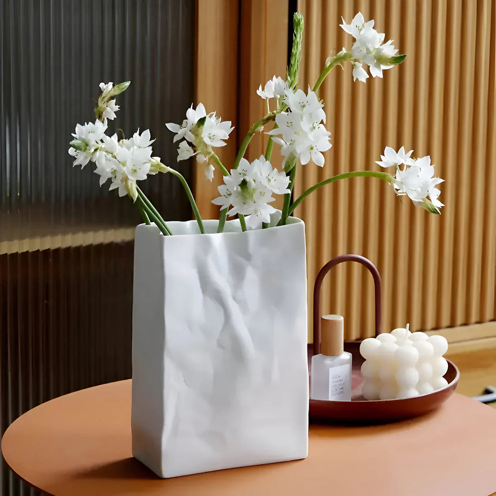 Matte White Ceramic Crumpled Paper Bag Vase