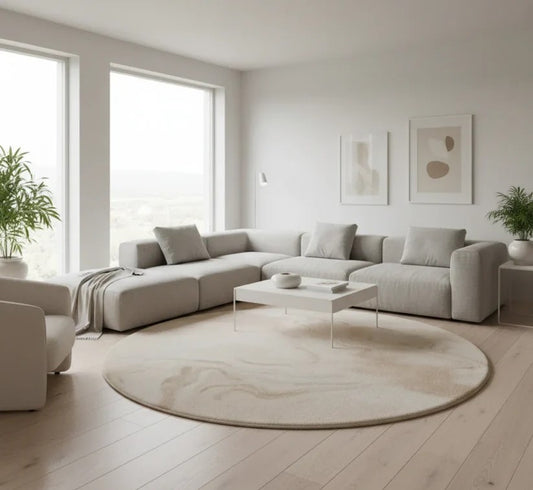 Round Beige Marbled Area Rug