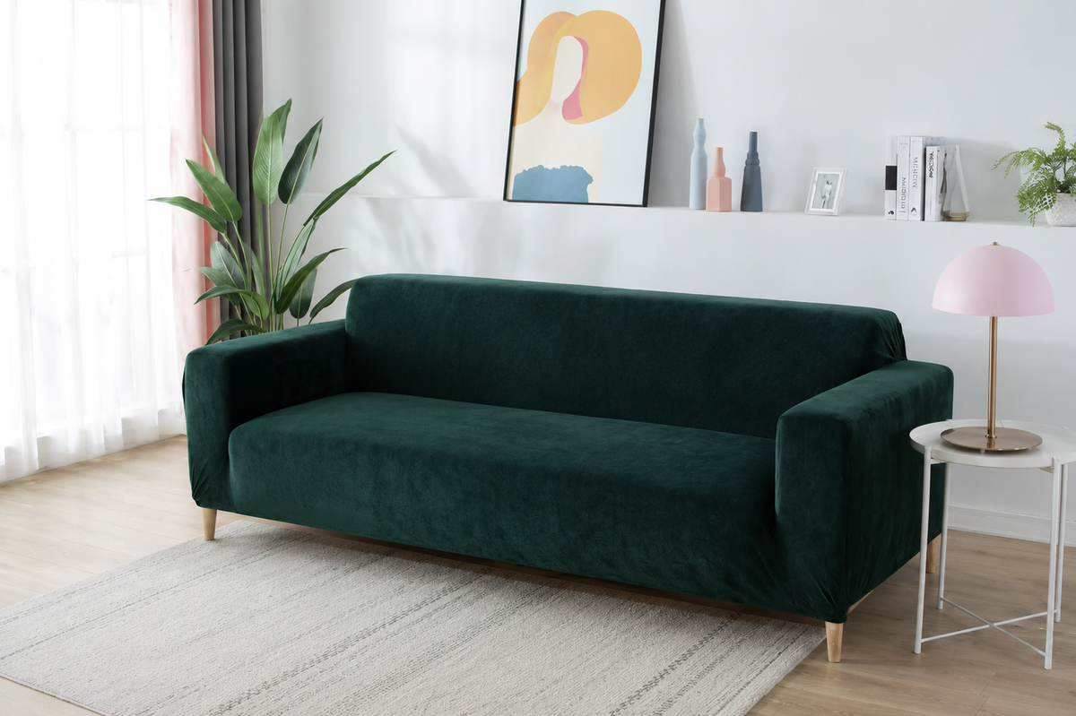 Dark Green Velvet Stretch Sofa Cover