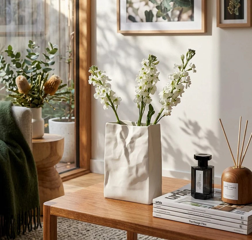 Matte White Ceramic Crumpled Paper Bag Vase