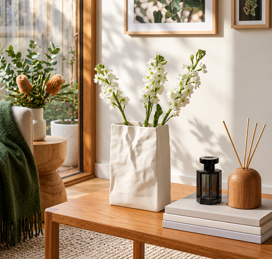Matte White Ceramic Crumpled Paper Bag Vase