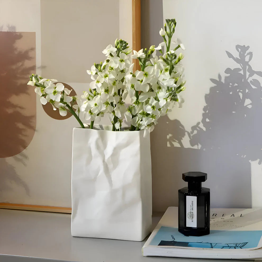 Matte White Ceramic Crumpled Paper Bag Vase