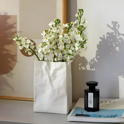 Matte White Ceramic Crumpled Paper Bag Vase