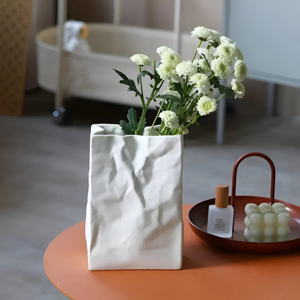 Matte White Ceramic Crumpled Paper Bag Vase