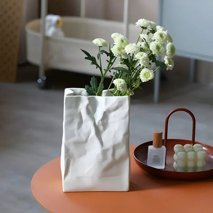 Matte White Ceramic Crumpled Paper Bag Vase