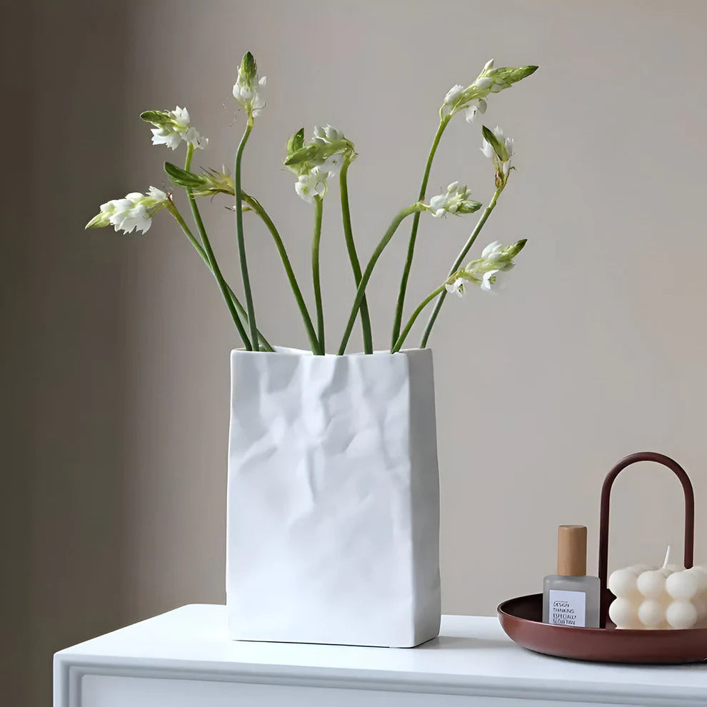 Matte White Ceramic Crumpled Paper Bag Vase