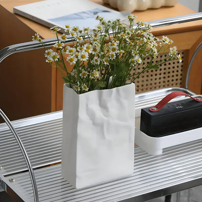 Matte White Ceramic Crumpled Paper Bag Vase