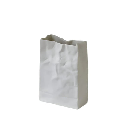 Matte White Ceramic Crumpled Paper Bag Vase