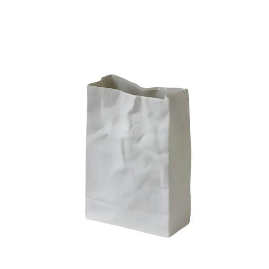 Matte White Ceramic Crumpled Paper Bag Vase