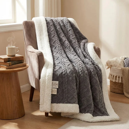Reversible Cable-Knit Sherpa Fleece Throw Blanket