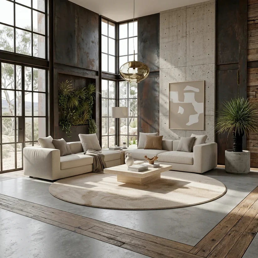 Round Beige Marbled Area Rug