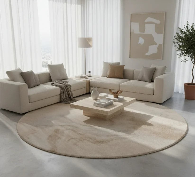 Round Beige Marbled Area Rug