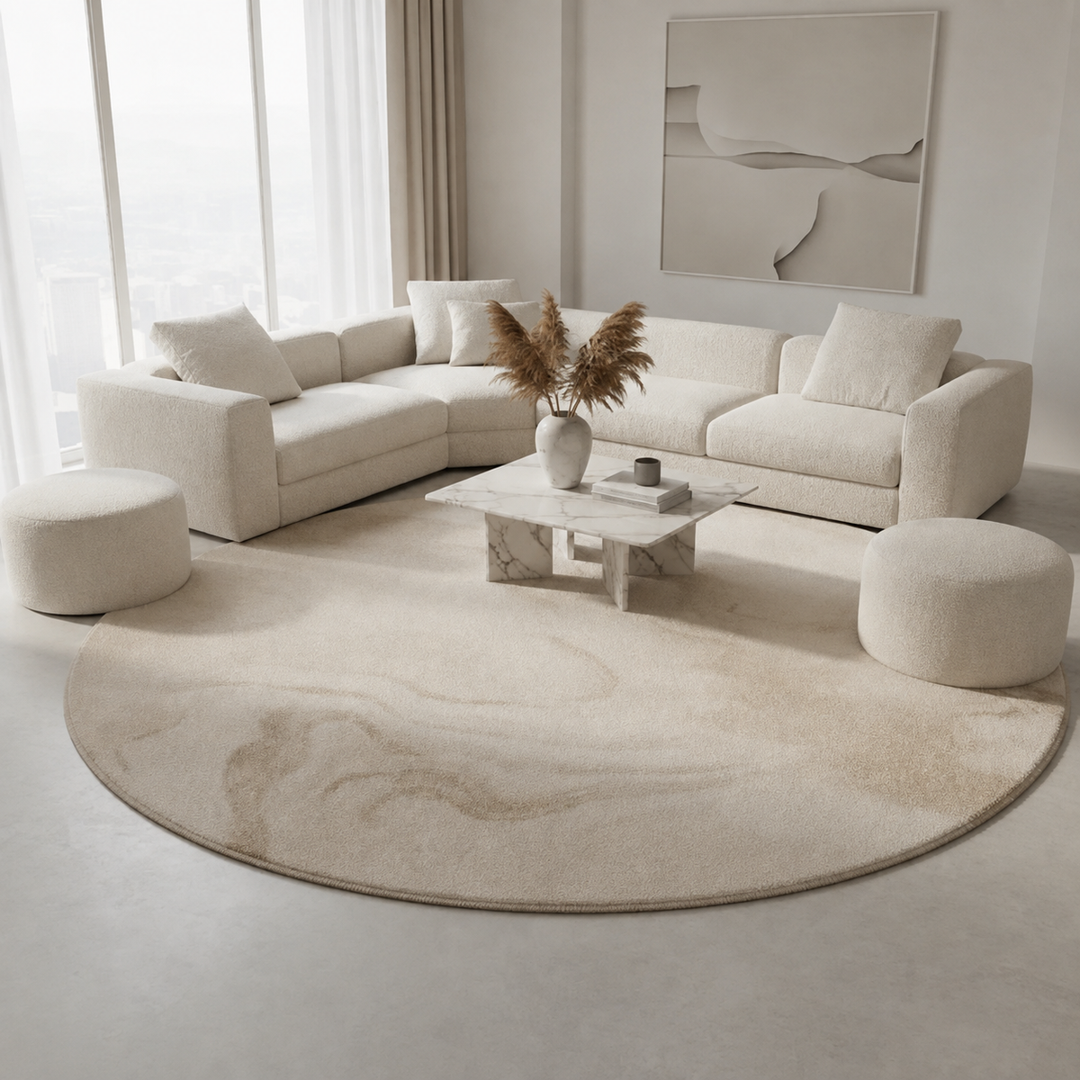 Round Beige Marbled Area Rug