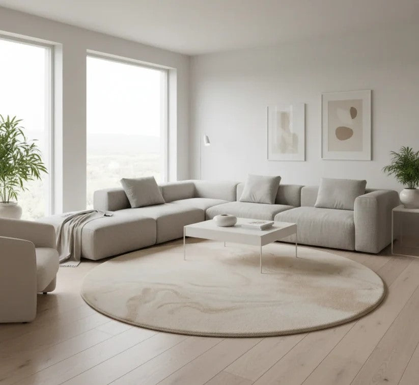 Round Beige Marbled Area Rug