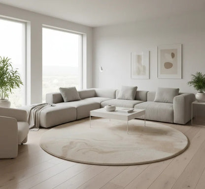 Round Beige Marbled Area Rug