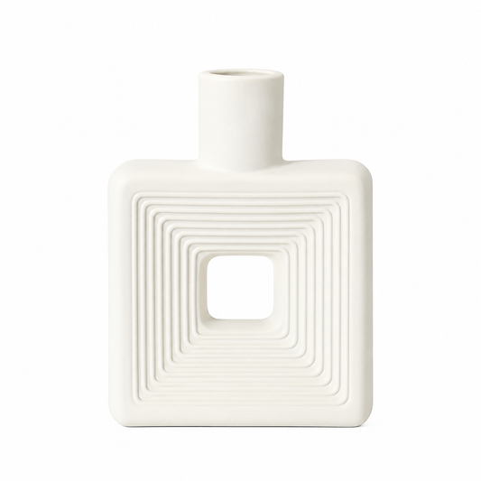 Modern Square Ceramic Flower Vase – Geometric White Tabletop Ornament for Dried Flowers & Home Decor