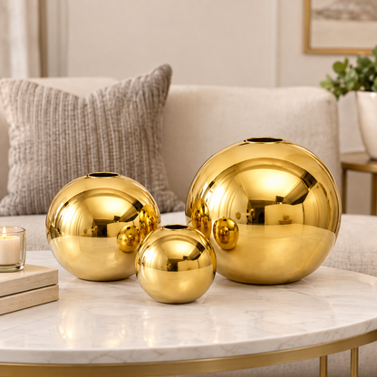 Nova Gold Spherical Ceramic Vase – Modern Electroplated Mirror Tabletop Flower Vase