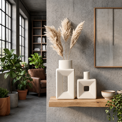 Modern Square Ceramic Flower Vase – Geometric White Tabletop Ornament for Dried Flowers & Home Decor