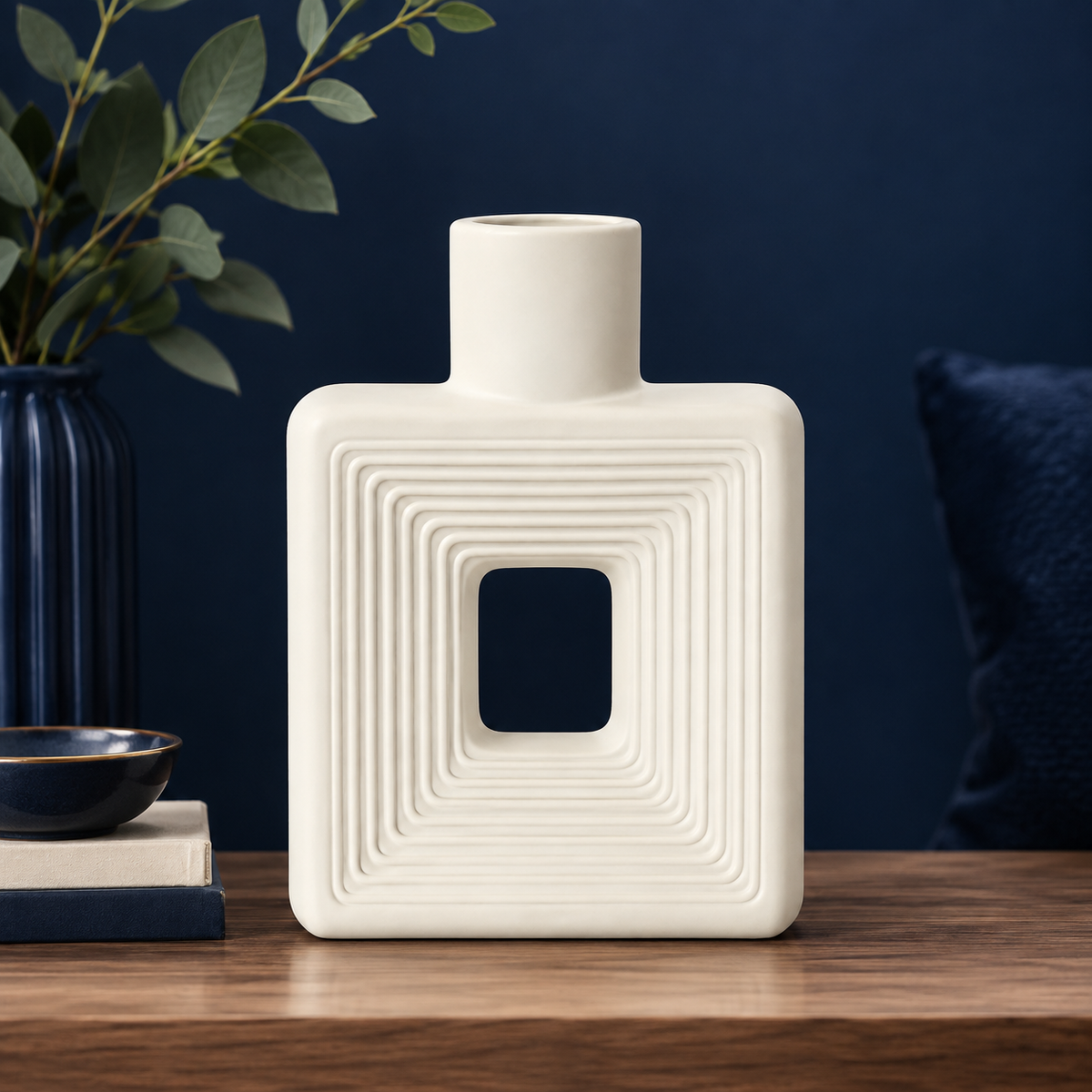 Modern Square Ceramic Flower Vase – Geometric White Tabletop Ornament for Dried Flowers & Home Decor