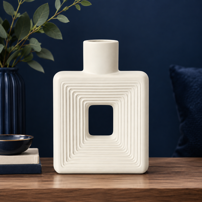 Modern Square Ceramic Flower Vase – Geometric White Tabletop Ornament for Dried Flowers & Home Decor