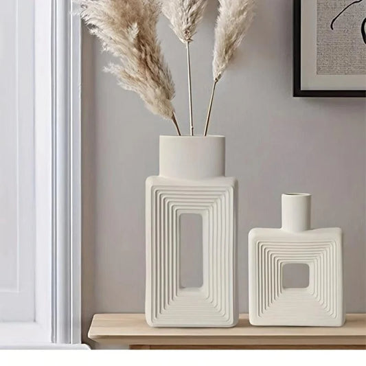 Modern Square Ceramic Flower Vase – Geometric White Tabletop Ornament for Dried Flowers & Home Decor
