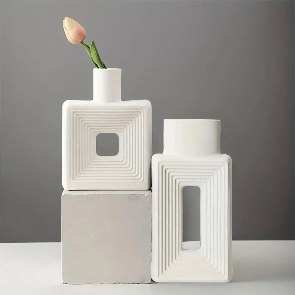Modern Square Ceramic Flower Vase – Geometric White Tabletop Ornament for Dried Flowers & Home Decor