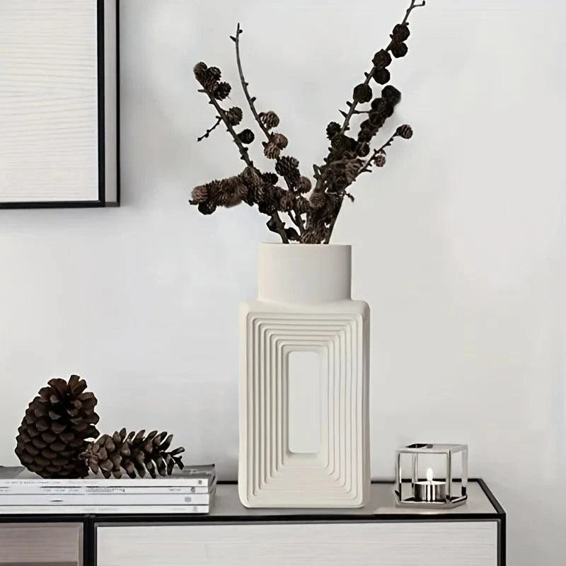 Modern Square Ceramic Flower Vase – Geometric White Tabletop Ornament for Dried Flowers & Home Decor